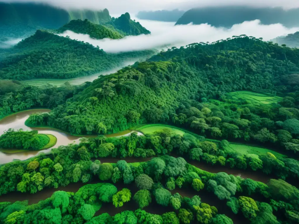 La geografía oculta de culturas indígenas: una selva exuberante con una aldea tradicional entre la exuberante flora y fauna