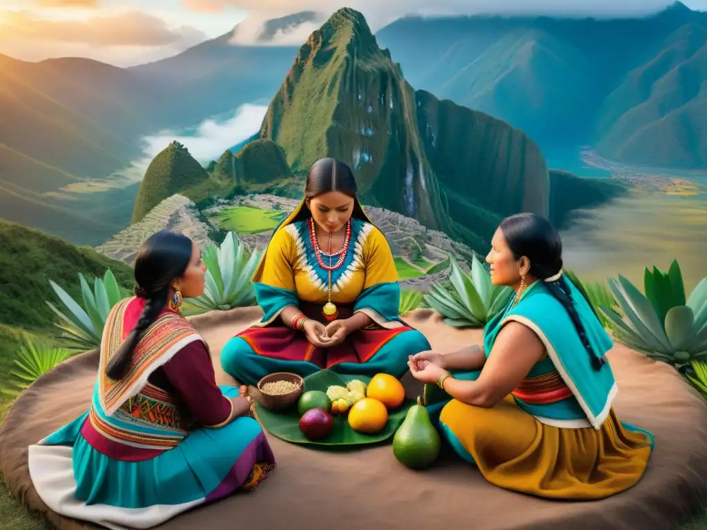 Ofrendas a la Pachamama: Mujeres indígenas ofrecen textiles y frutas con reverencia en ritual montañoso al atardecer