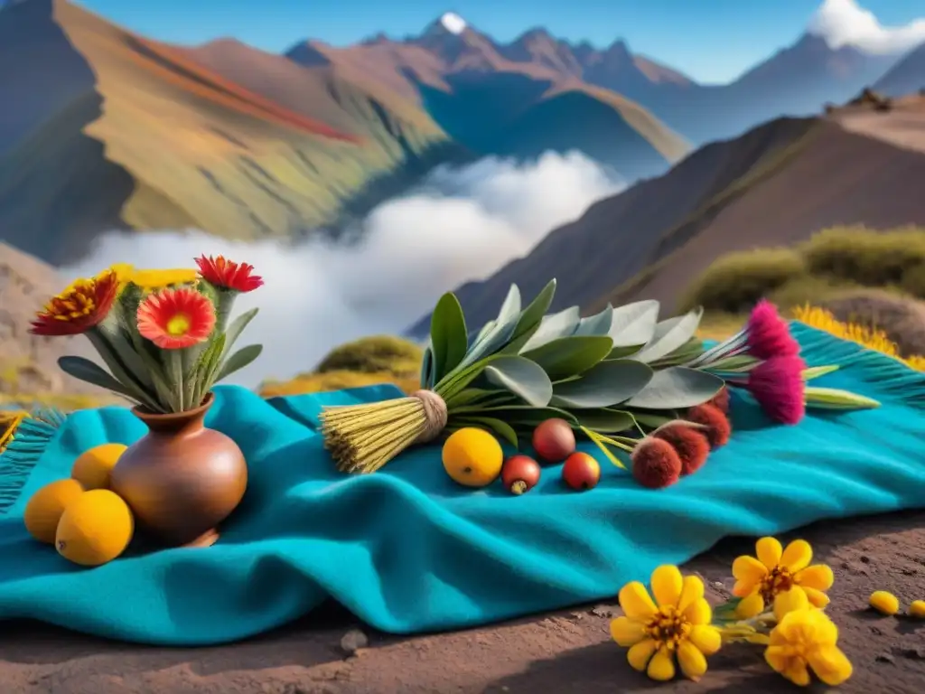 Ofrendas a la Pachamama significado: Colorida ceremonia andina en honor a la Madre Tierra, entre montañas majestuosas