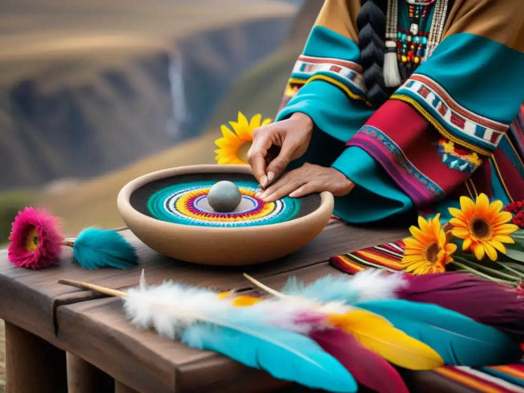 Ofrendas a la Pachamama significado: Detalle de altar andino con textiles, plumas y flores en ceremonia ancestral