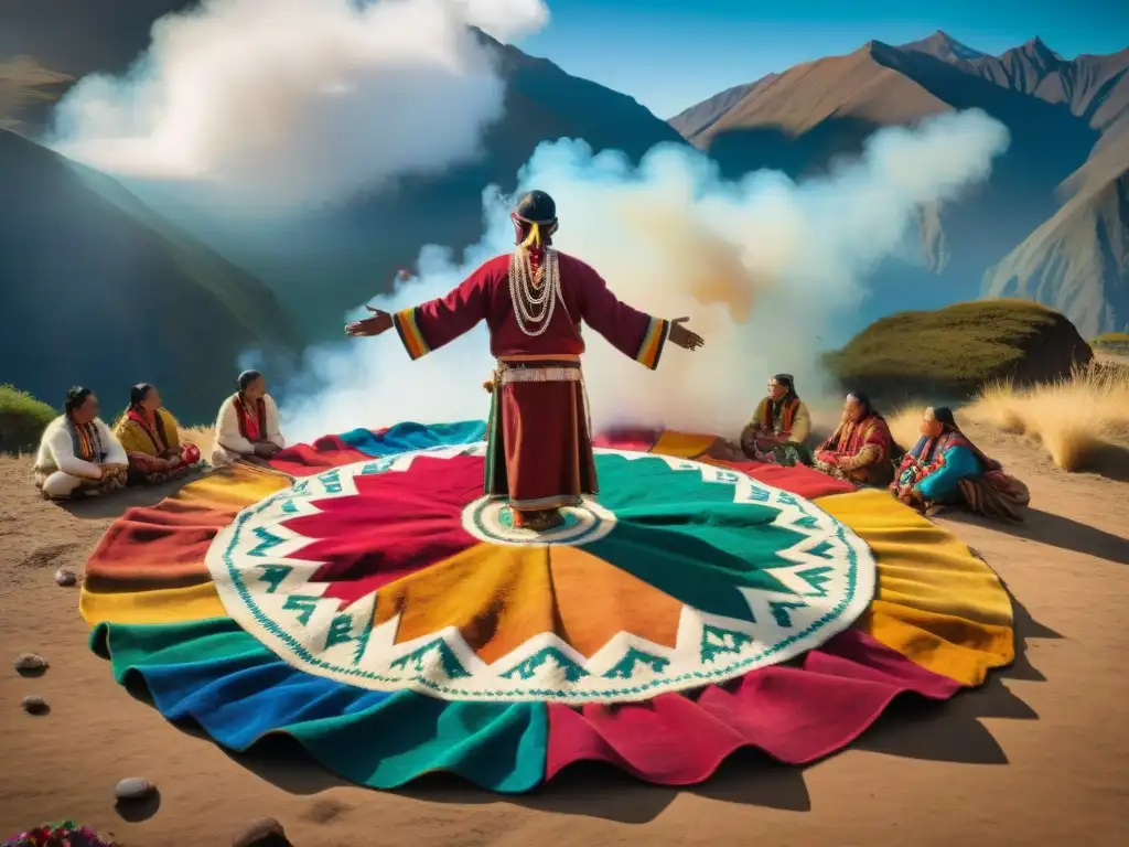 Ofrendas a la Pachamama significado: Indígenas andinos en ritual con mantas y humo de hierbas, bajo el cielo de los Andes