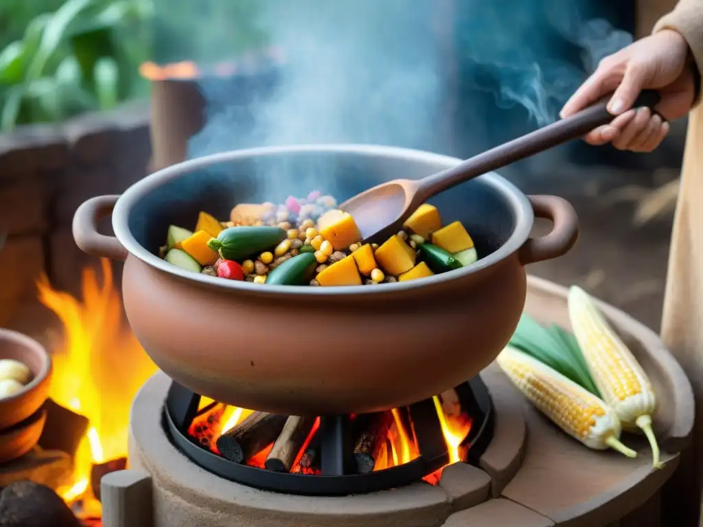 Una olla de barro tradicional hierve sobre fuego, rodeada de vegetales indígenas