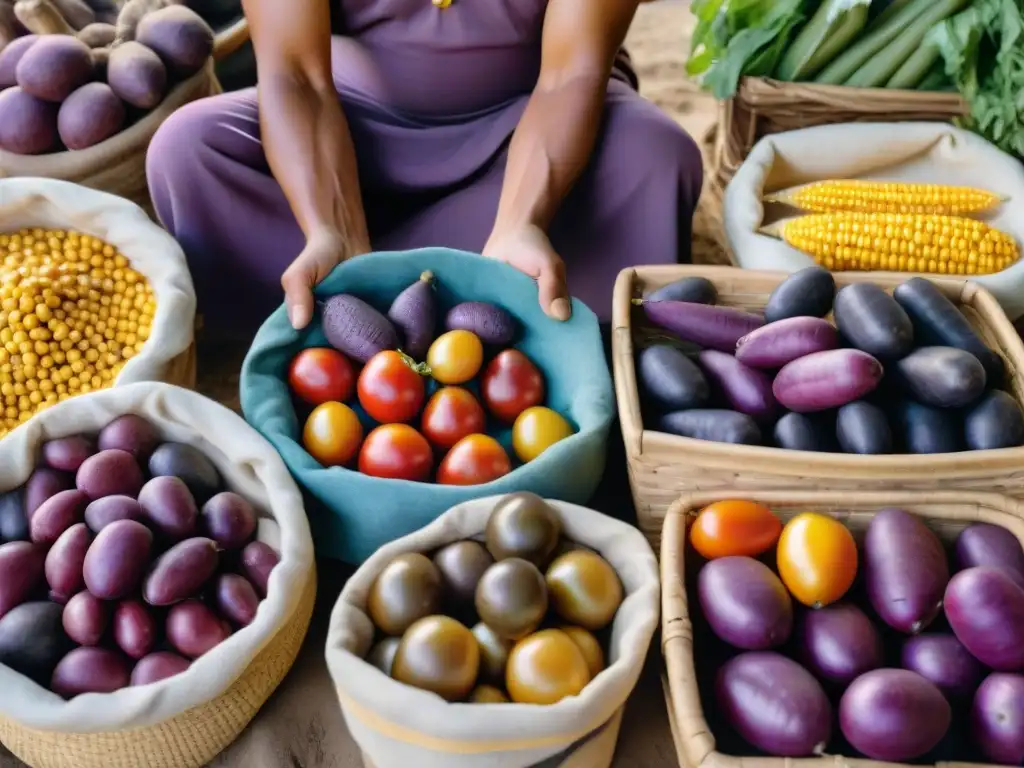 Un orgulloso agricultor indígena exhibe alimentos coloridos en un mercado tradicional bullicioso