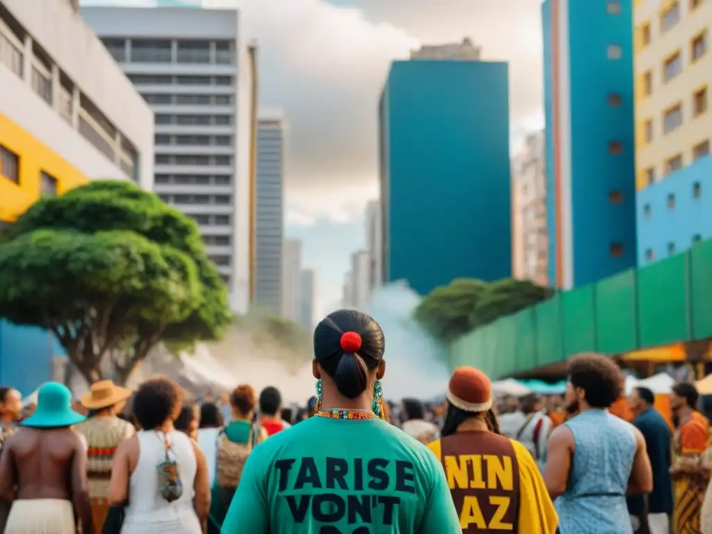 Manifestación pacífica de activistas indígenas en una calle urbana de Brasil con murales coloridos