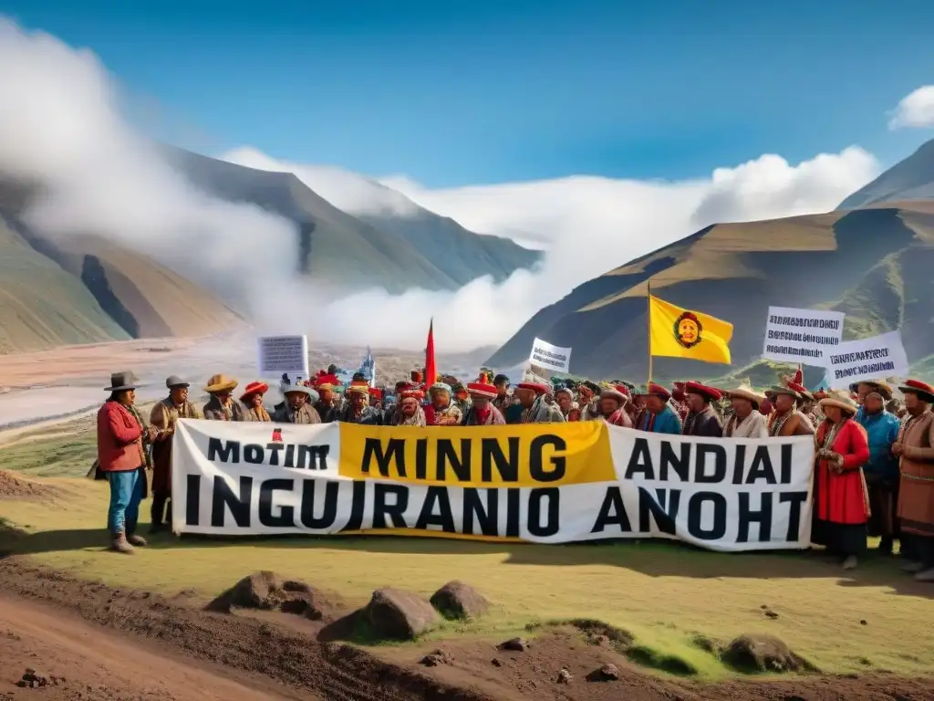 Manifestación pacífica de comunidad indígena andina contra la minería en paisaje montañoso