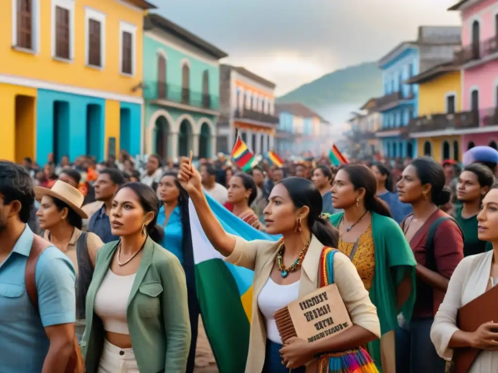 Manifestación pacífica en plaza rural de América Latina por políticas públicas derechos tierra