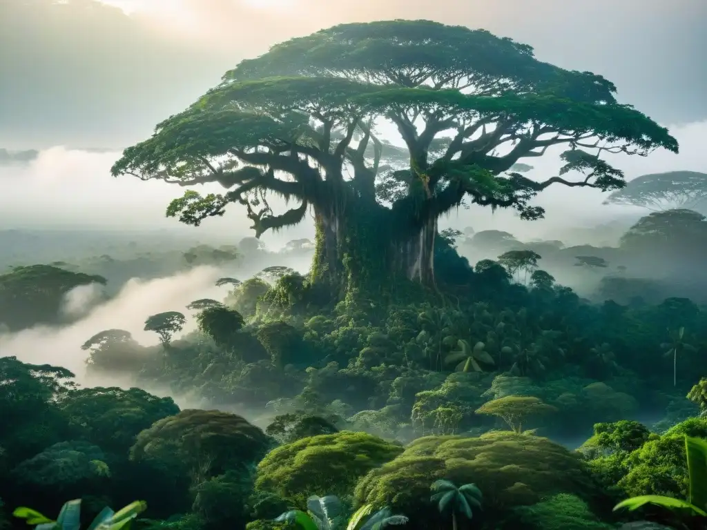 Un paisaje amazónico detallado con árboles ancestrales y raíces entrelazadas