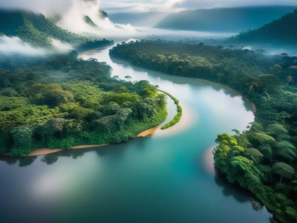 Un paisaje amazónico detallado y sereno con exuberante vegetación, vida silvestre diversa y un río claro