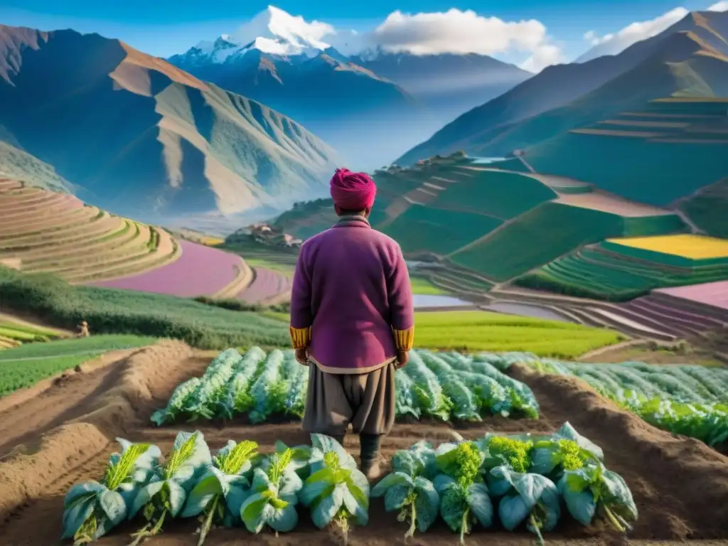 Un paisaje andino diverso con terrazas de papas en vibrantes colores, un agricultor local cuidando los cultivos