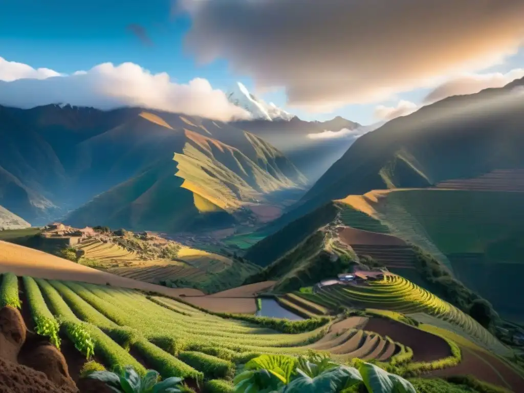 Un paisaje andino vibrante con campos cultivados por agricultores indígenas, destacando la diversidad de la papa andina al atardecer