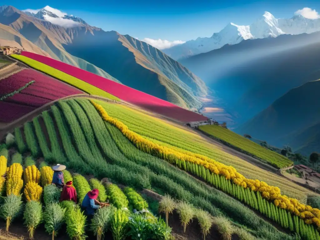 Un paisaje andino vibrante con terrazas agrícolas y cultivos coloridos en cosecha