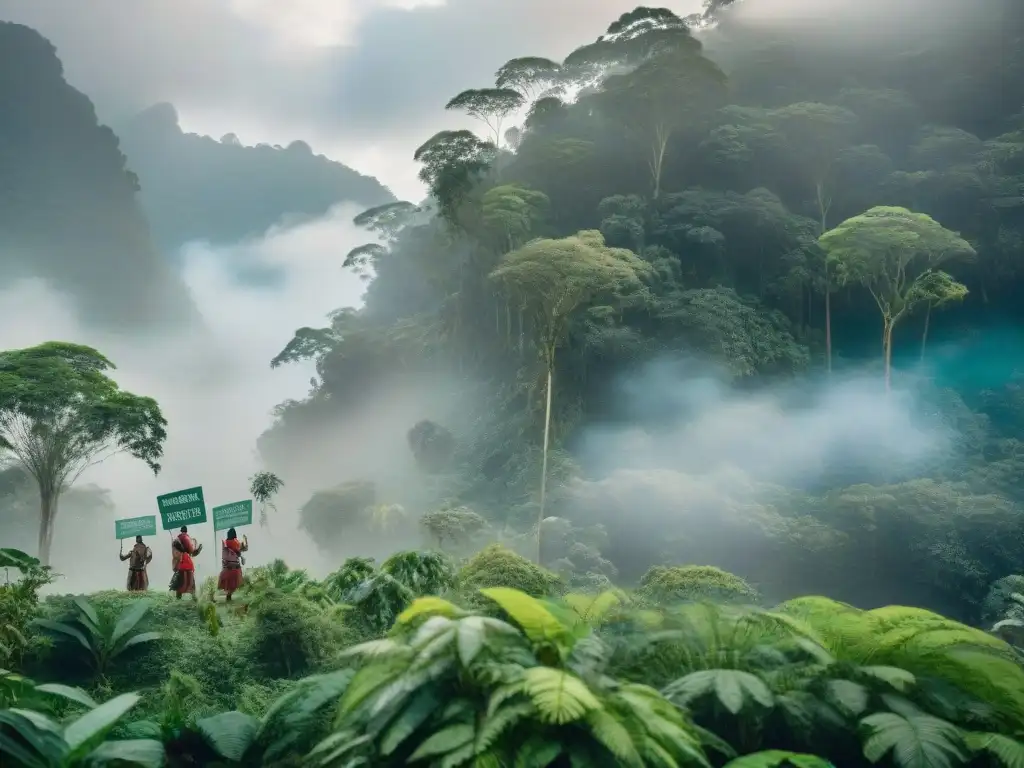 Paisaje biodiverso con bosque, vida silvestre y protesta de pueblos indígenas por territorio en conflicto