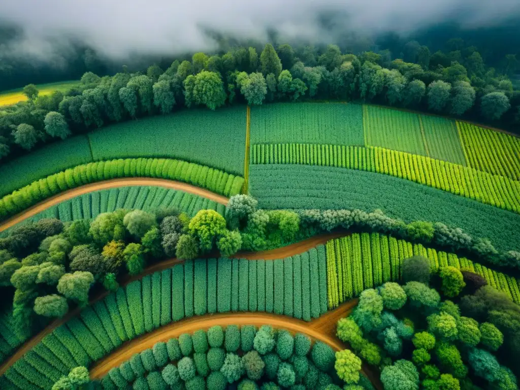 Un paisaje agrícola ancestral indígena contemporáneo, armonizando cultivos y árboles en una sinfonía de colores y texturas