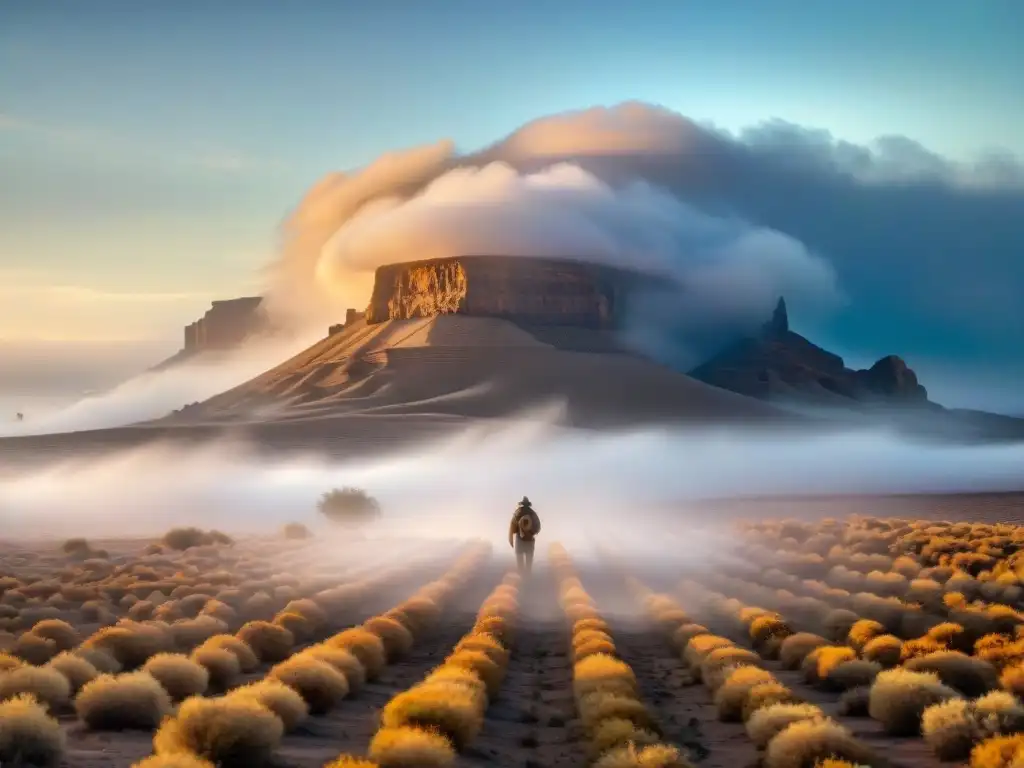 Un paisaje desértico envuelto en densa niebla, con captura de niebla para agricultura en primer plano