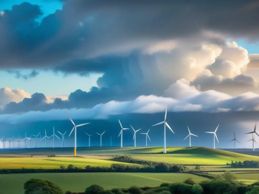 Un paisaje de energía renovable en territorios indígenas: molinos de viento en movimiento bajo un cielo dramático, en armonía con la comunidad local