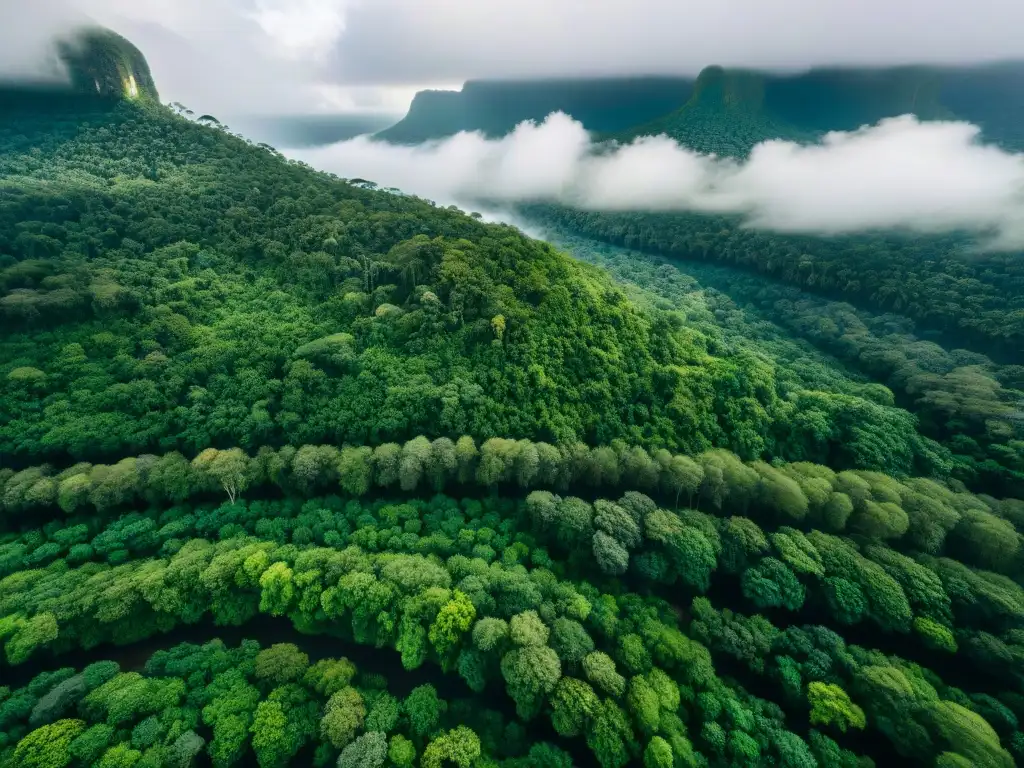 Biodiversidad en selva virgen: paisaje verde con río Un paisaje de ensueño: selva verde exuberante, río sinuoso, luz filtrándose entre árboles