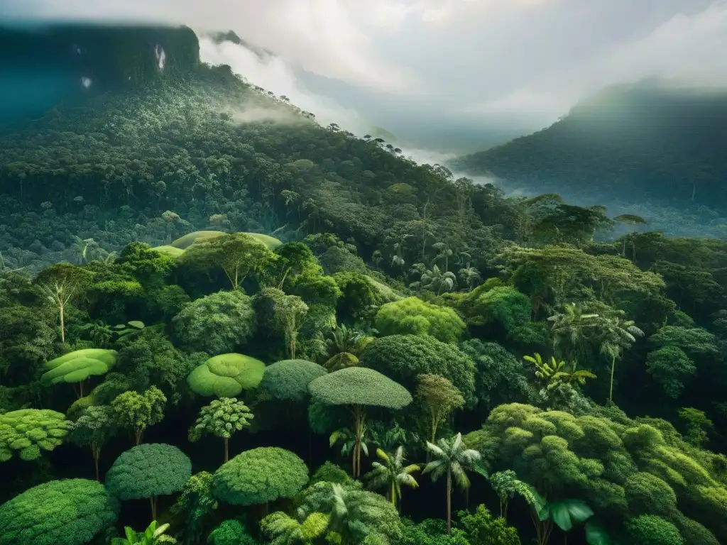 Un paisaje exuberante del Amazonas resalta la planta de Sacha Inchi con sus hojas verdes y semillas