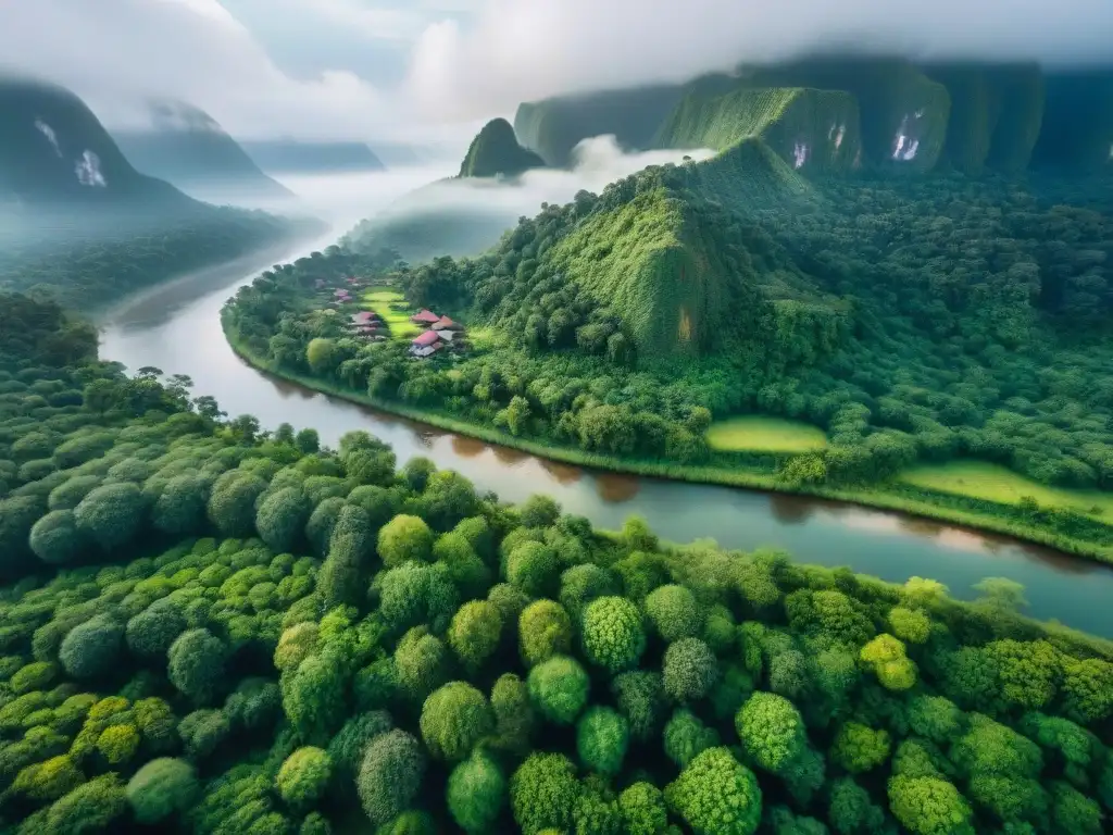 Un paisaje exuberante de bosque con un río serpenteante y una aldea indígena, resaltando la armonía entre naturaleza y cultura