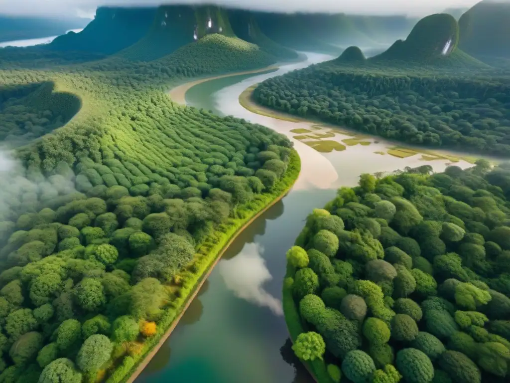 Un paisaje exuberante de comunidad indígena en armonía con la naturaleza, capturado por un drone