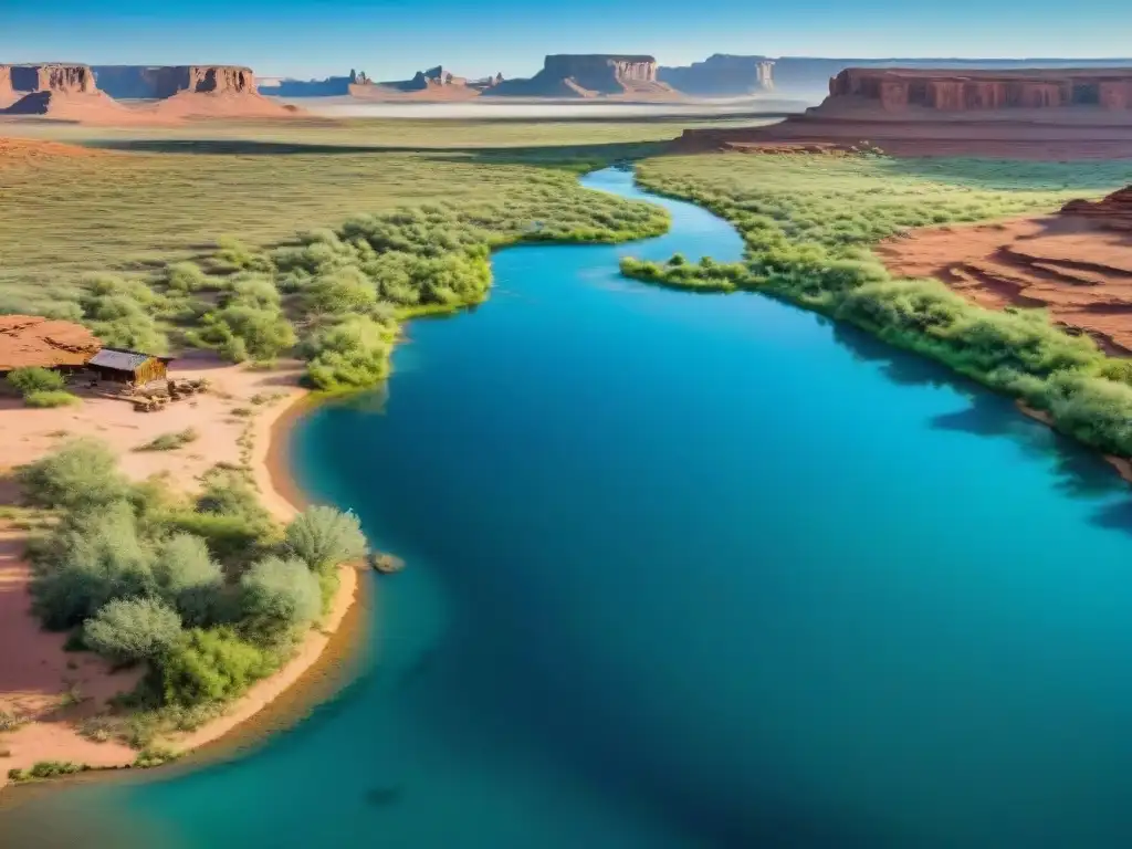 Paisaje exuberante en la Nación Navajo, con río serpenteante y viviendas tradicionales