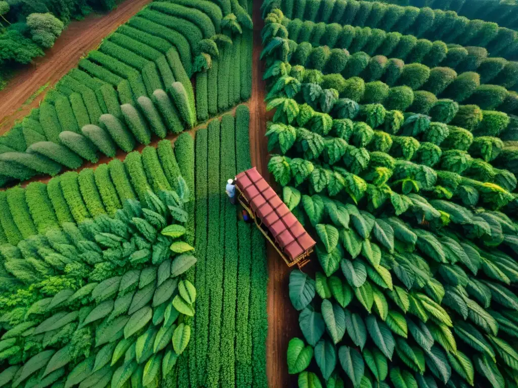 Un paisaje impresionante de plantaciones de cacao en América, con trabajadores cosechando en un día soleado