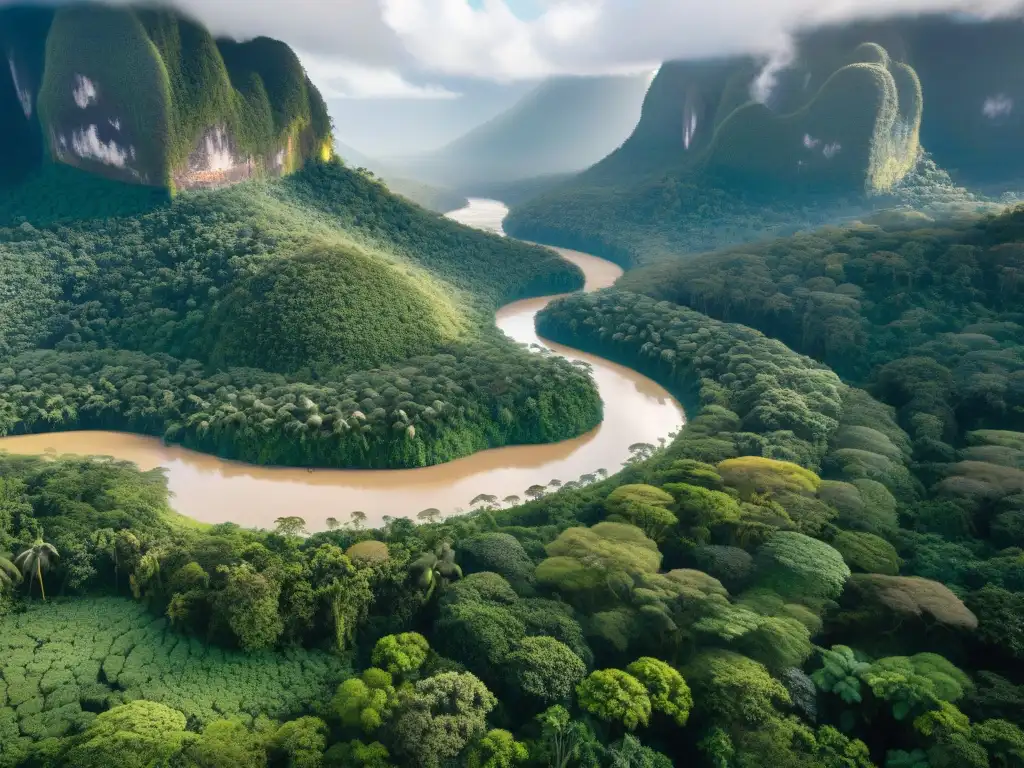 Un paisaje impresionante de la selva con río y chozas indígenas, resaltando la lucha indígena por la preservación de territorios sagrados