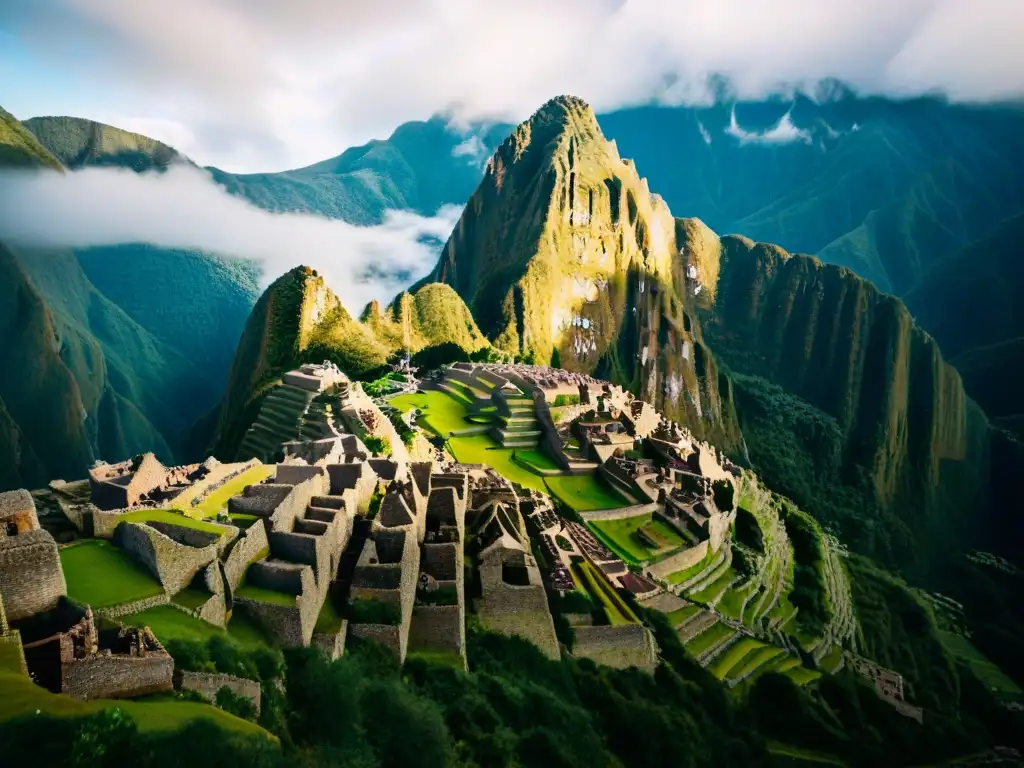 Un paisaje místico de Machu Picchu, la antigua ciudadela inca en los Andes de Perú