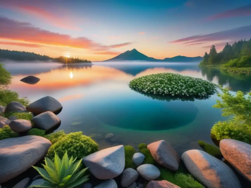 Paisaje sagrado: lago reflejando atardecer, rocas talladas con símbolos indígenas