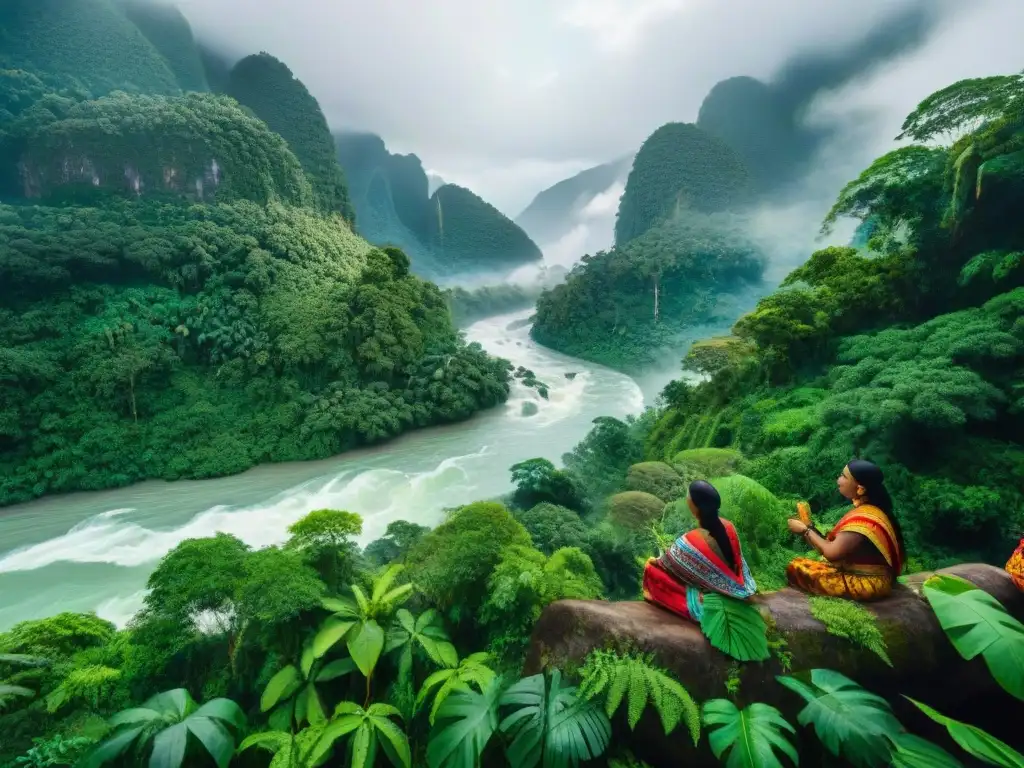 Un paisaje sereno de selva verde con un río y una ceremonia indígena