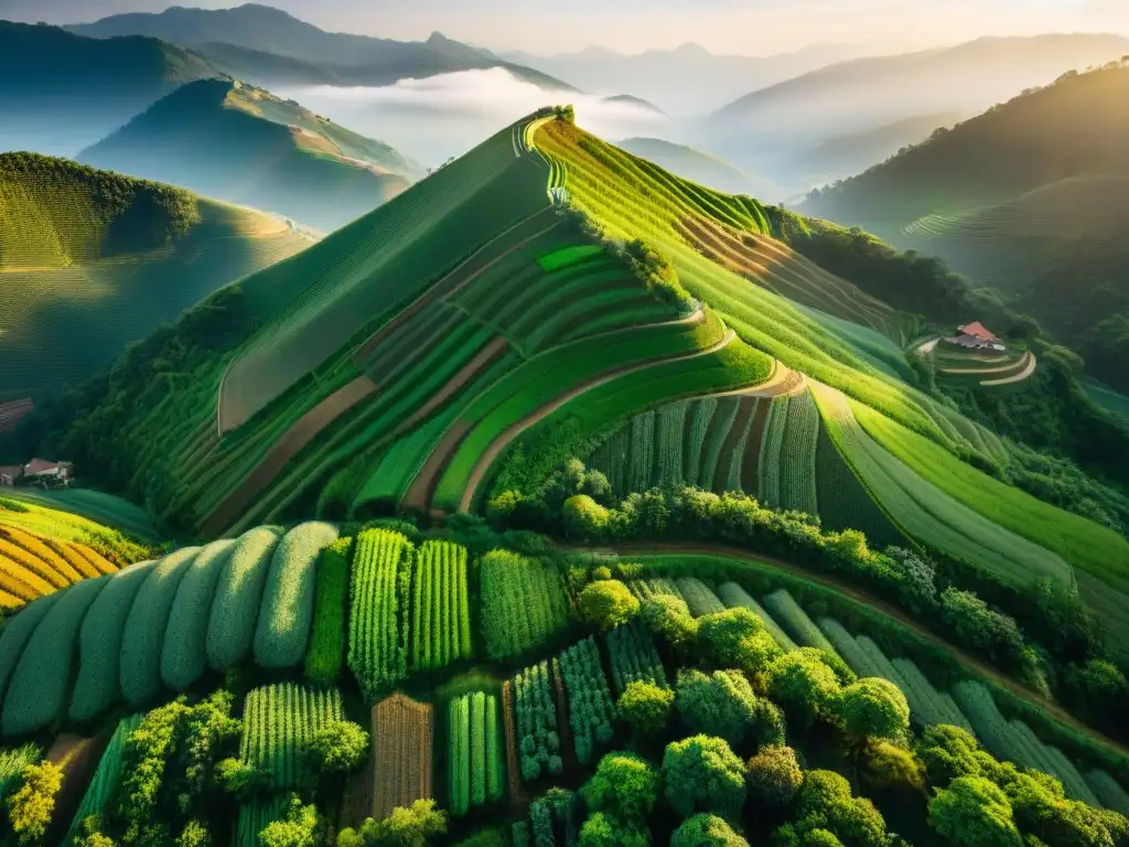 Paisaje agrícola terrazado cultivado por indígenas en armonía con la naturaleza, contrastando con la urbanización