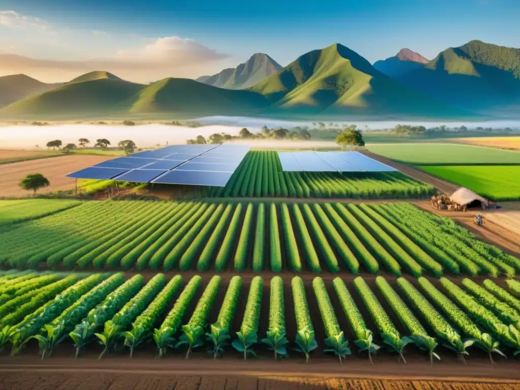 Un paisaje agrícola al amanecer en un territorio indígena, donde la energía solar impulsa sistemas de riego y agricultura sostenible