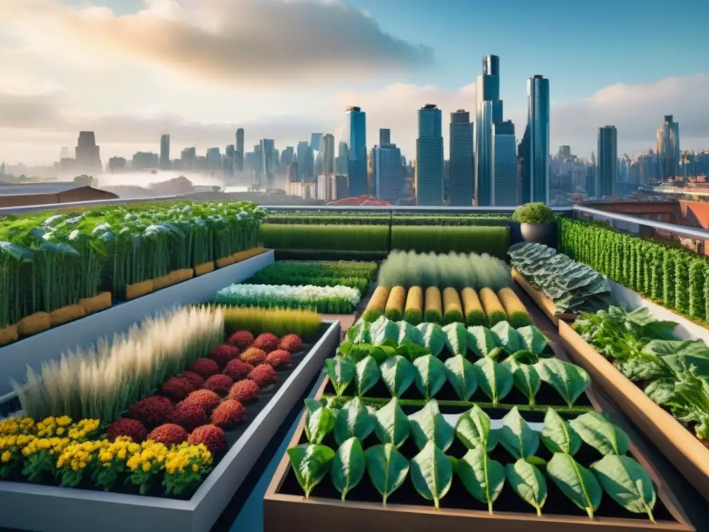 Un paisaje urbano rebosante de vida con agricultura indígena en cultivos verticales