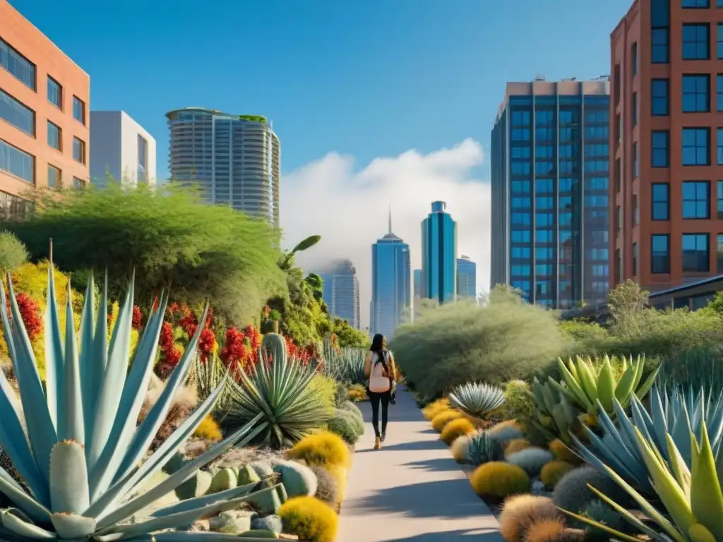 Un paisaje urbano vibrante donde la botánica indígena se integra armoniosamente con la ciudad