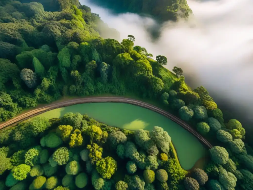 Un paisaje verde exuberante con ríos sinuosos, bosques densos y ruinas indígenas entre árboles