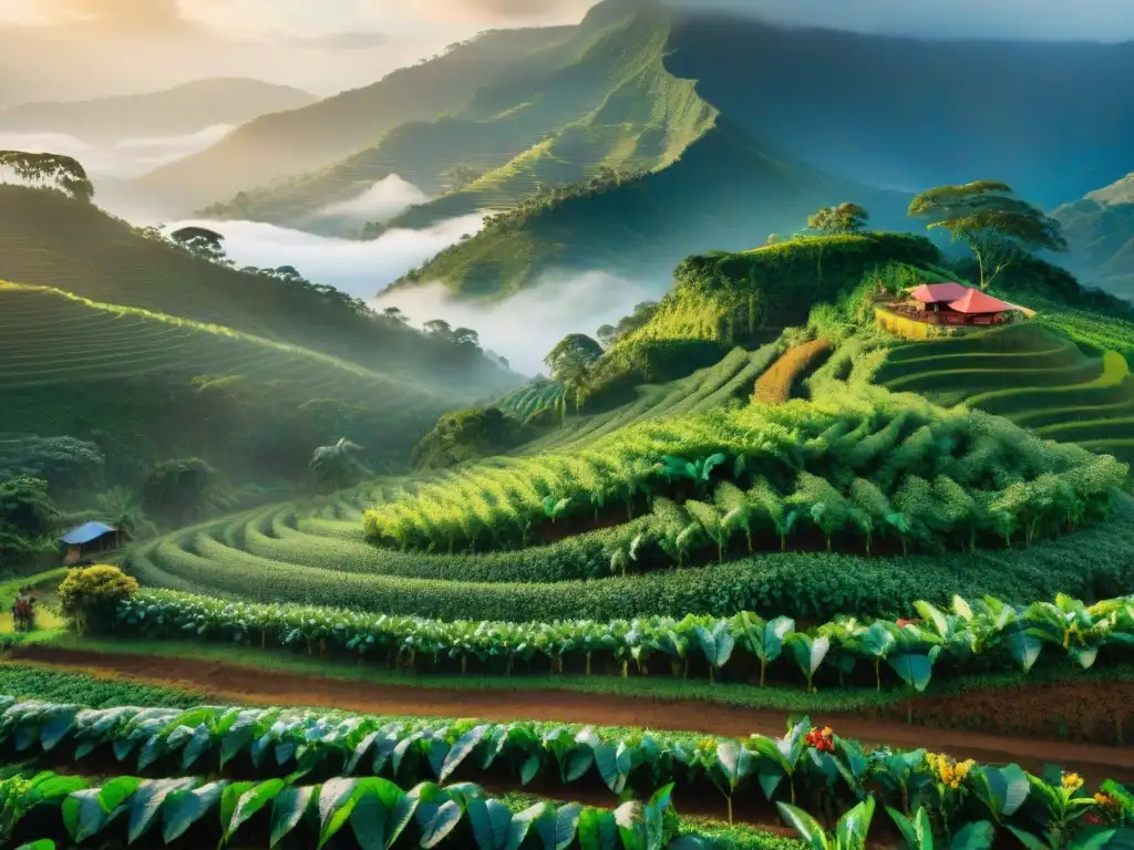 Un paisaje vibrante de una plantación de café, indígenas recolectando cerezas de café bajo el sol, con montañas neblinosas al fondo