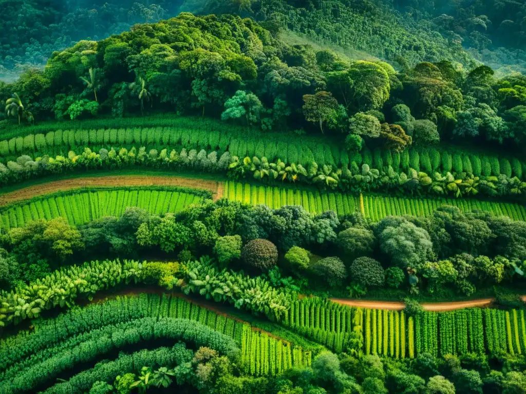 Un paisaje vibrante de agroforestería indígena sostenible en la selva amazónica, fusionando tradición y ecología