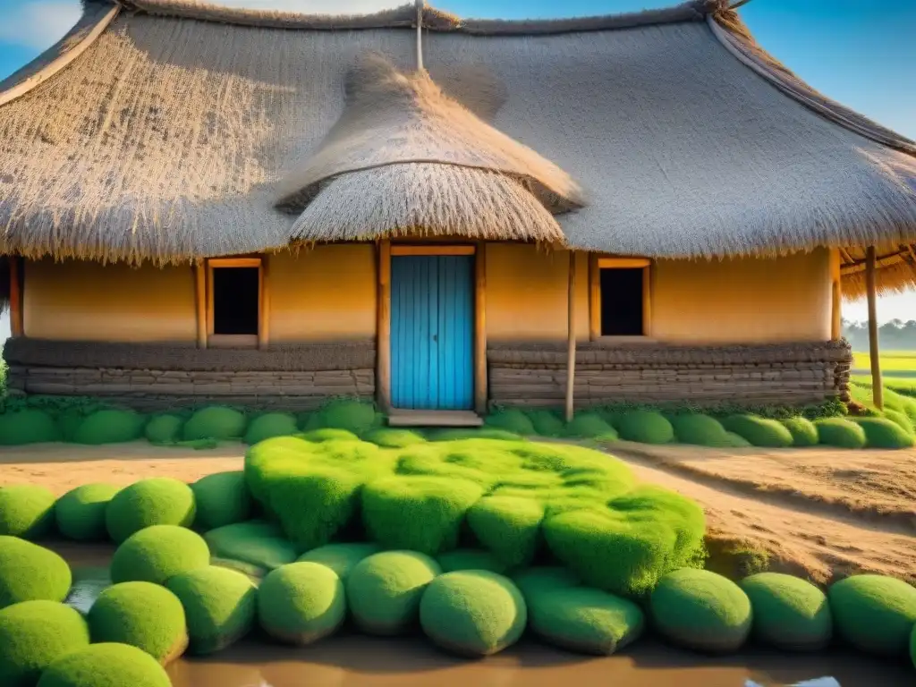 Cálida cabaña de paja y barro en entorno rural, destacando eficiencia energética en arquitectura vernácula