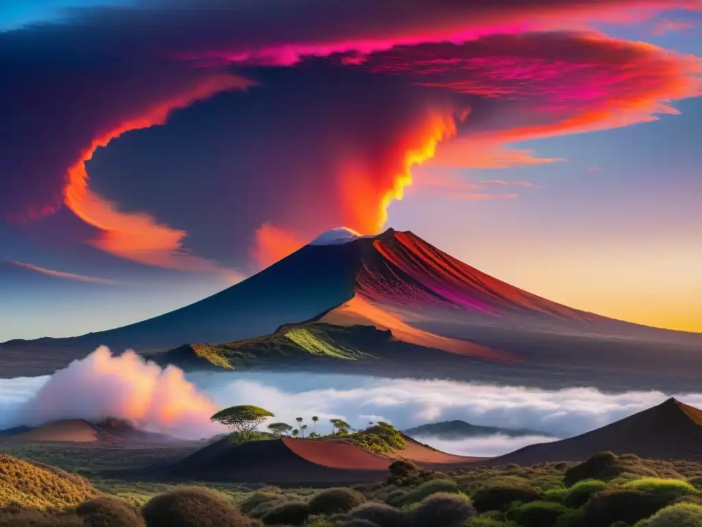 Panorámica de Mauna Kea al amanecer con el volcán sagrado y activistas indígenas, en medio de la controversia espiritual y ambiental