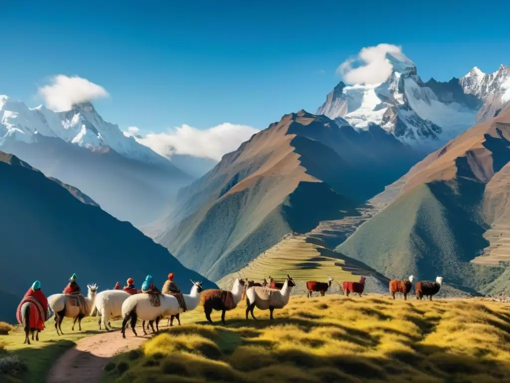 Panorámica de los Andes con Quechua y llamas en ruta etnoturística en América