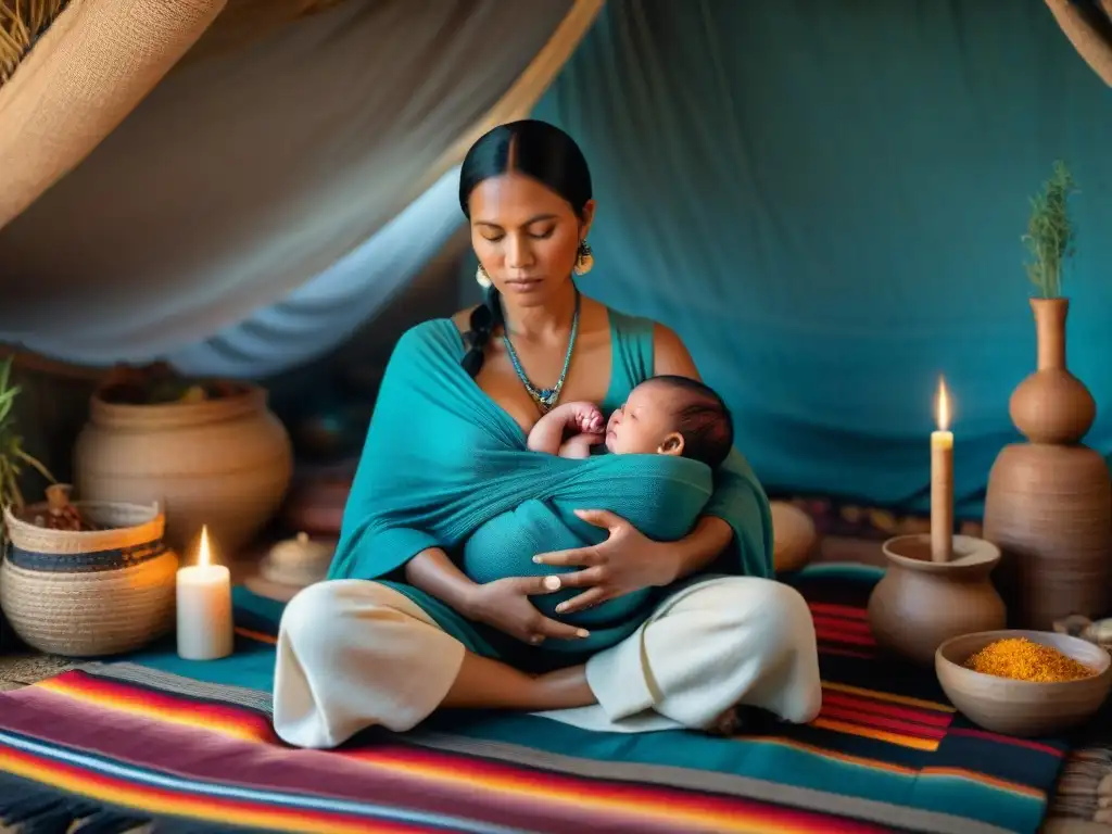 Partera indígena con recién nacido: Sabiduría ancestral Una partera indígena sostiene con cariño a un recién nacido en un entorno de sabiduría ancestral y riqueza cultural