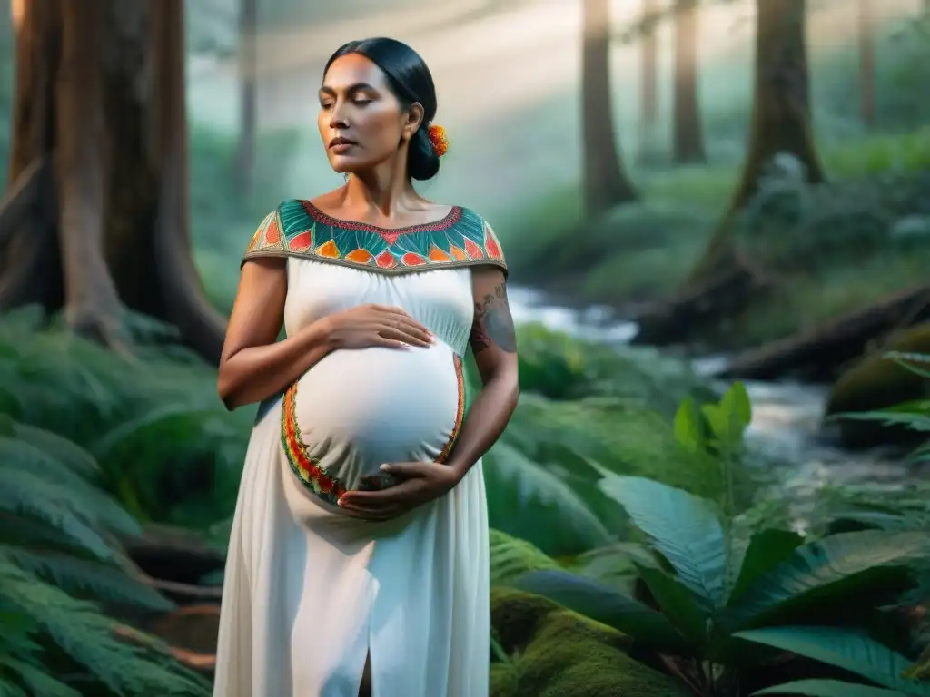 Partera indígena guía parto en bosque ancestral Una partera indígena guía a una embarazada en un bosque sereno, reflejando prácticas indígenas de parto y maternidad