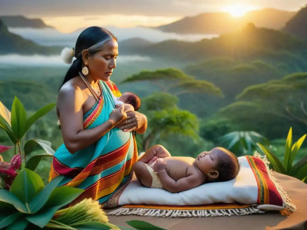 Una partera indígena realiza un ritual de nacimiento en la selva al atardecer