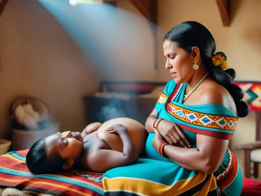 Partera indígena en parto: sabiduría y cuidado ancestral Una partera indígena tradicional asiste con sabiduría y cuidado a una mujer embarazada en un entorno cultural vibrante y auténtico