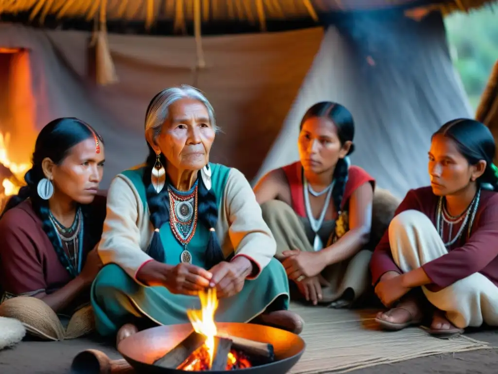 Participación de la mujer indígena: Anciana comparte sabiduría con niñas alrededor del fuego en choza de adobe