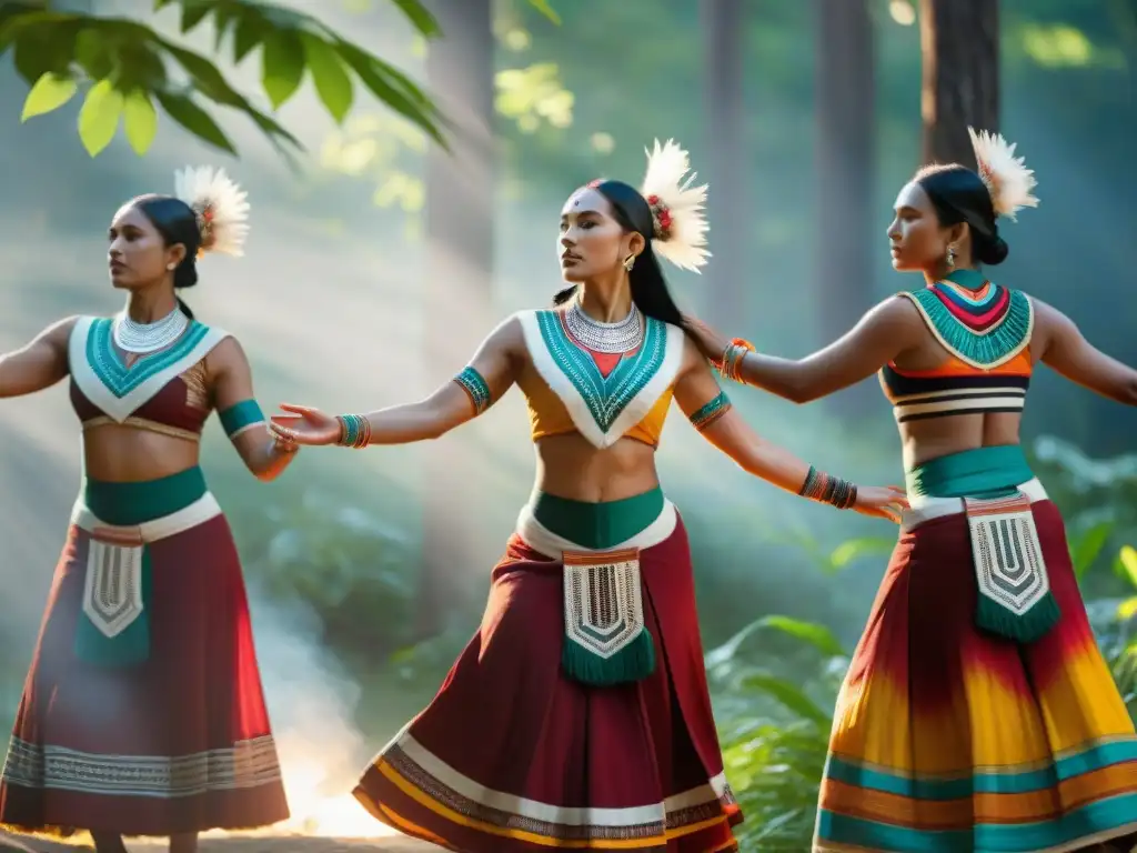 Participación de la mujer indígena en danzas tradicionales: Grupo de mujeres indígenas ejecutando un ritual sagrado con gracia y colorido en un claro soleado rodeado de árboles altos