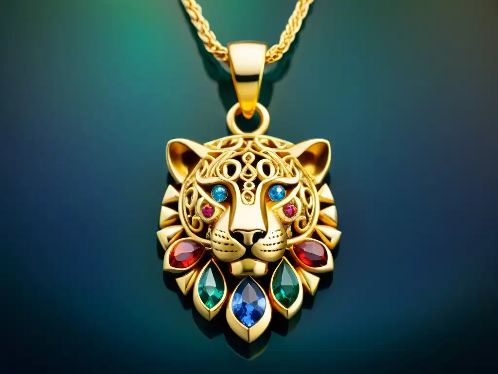 Péndulo de jaguar dorado con gemas coloridas, simbolizando poder y protección en la joyería precolombina