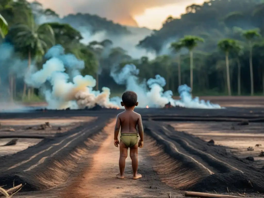 Pequeño niño indígena en la Amazonía, reflejando impacto cambio climático comunidades indígenas