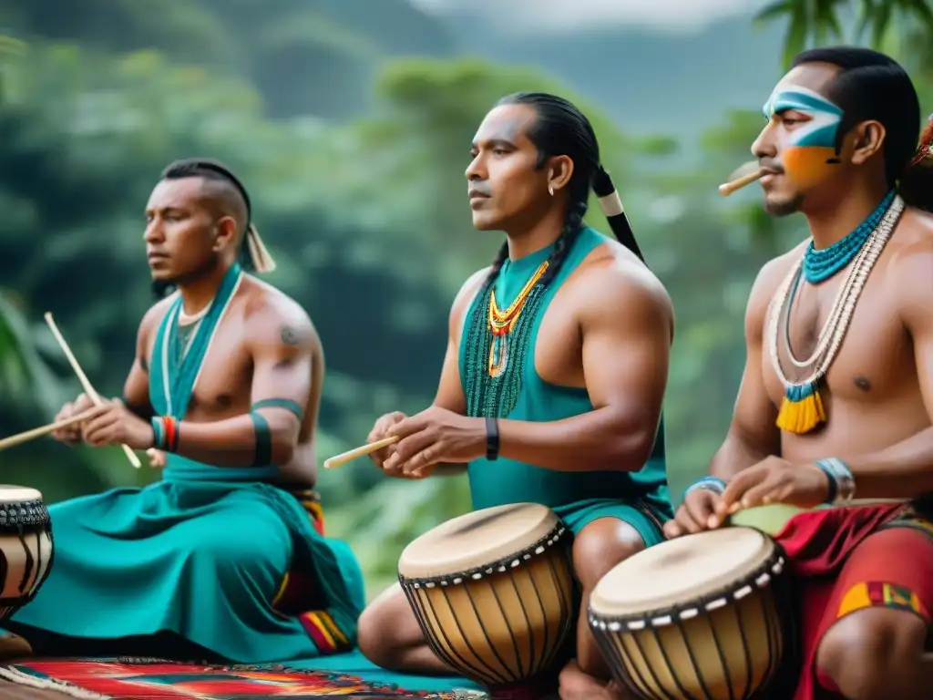 Percusiones en la música indígena: Grupo de músicos con rostros pintados tocando instrumentos tradicionales en entorno vibrante y colorido