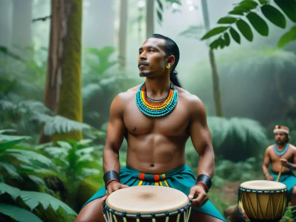 Un percusionista indígena hábil tocando tambores tradicionales en la selva, rodeado de su comunidad en un entorno natural vibrante