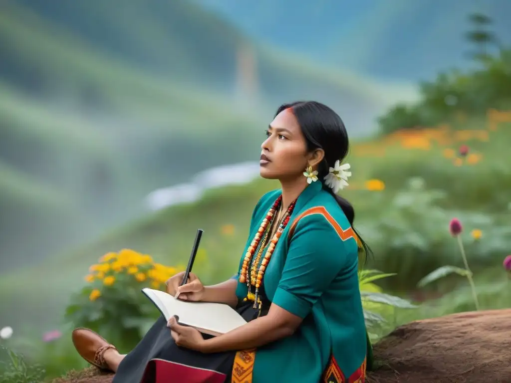 Un periodista indígena se concentra en la naturaleza, rodeado de flores silvestres y comunidad diversa